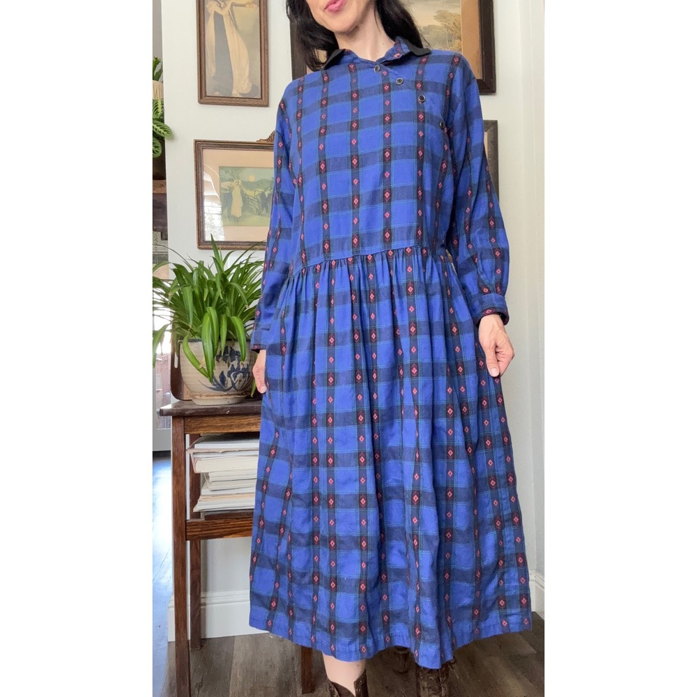 Vintage 80s 90s Eddie Bauer Outdoor Seattle Grunge Plaid Geometric Flannel Dress - Picture 2 of 9